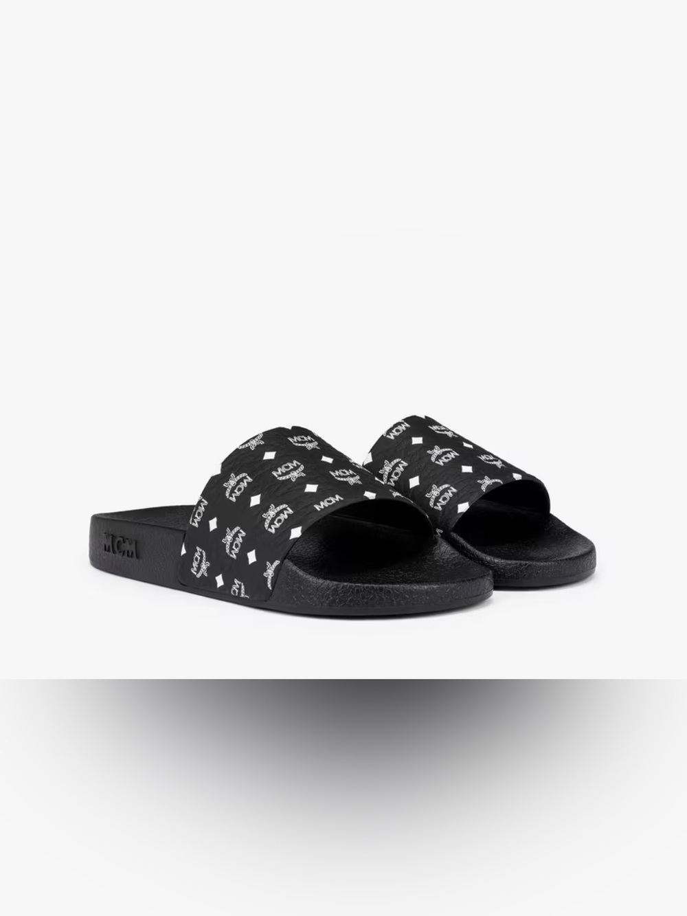 MCM Black Slides with White Logo Pattern